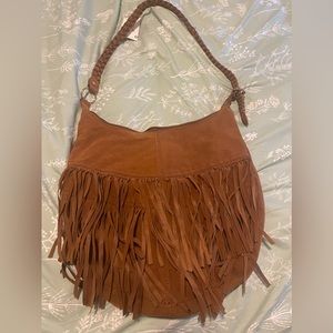 Brown fringe hobo bag with braided strap